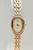 A LADYS 9CT GOLD 'ROTARY' WRISTWATCH, quartz movement, oval mother of pearl dial signed 'Rotary