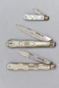 THREE VICTORIAN / EDWARDIAN MOTHER OF PEARL AND SILVER FOLDING FRUIT KNIVES, the smallest with a