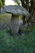 A VINTAGE SANDSTONE STADDLE STONE with square top width 45cm depth 45cm height 80cm Condition some