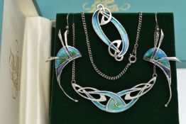 A WHITE METAL, ENAMEL SUITE OF JEWELLERY, to include a silver pendant necklace, hallmarked London,