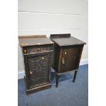 A CARVED OAK POT CUPBOARD, with a single drawer, an oak pot cupboard, and a painted pot cupboard (