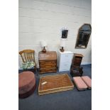 A QUANTITY OF OCCASIONAL FURNITURE, to include a small mahogany bureau (one key) bedside cupboard,