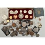 A SMALL BOX OF COINS AND COMMEMORATIVES, to include a 2nd June 1953 proof set of coins, a Victoria