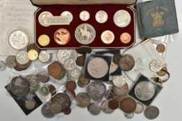 A SMALL BOX OF COINS AND COMMEMORATIVES, to include a 2nd June 1953 proof set of coins, a Victoria