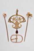 FOUR PIECES OF JEWELLERY, to include a yellow metal openwork lavalier pendant set with split pearls,