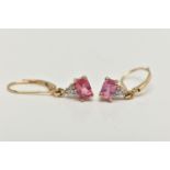 A PAIR OF 9CT GOLD PINK TOURMALINE AND DIAMOND DROP EARRINGS, each drop earring set with a mixed cut