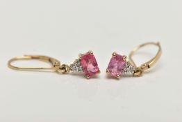 A PAIR OF 9CT GOLD PINK TOURMALINE AND DIAMOND DROP EARRINGS, each drop earring set with a mixed cut