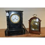 TWO MANTEL CLOCKS, comprising a black slate mantel clock, green and black marble pillars, height