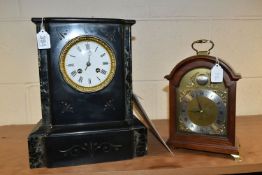 TWO MANTEL CLOCKS, comprising a black slate mantel clock, green and black marble pillars, height