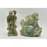 TWO HARD STONE CARVINGS, the first a light green jade carving of happy Buddha, approximate