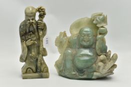 TWO HARD STONE CARVINGS, the first a light green jade carving of happy Buddha, approximate