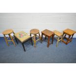 A SELECTION OF STOOLS, of various shapes ages and materials (condition:-aged wear and tear,