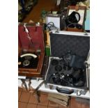A TRAY AND THREE CASES CONTAINING TEST EQUIPMENT AND CAMERA LENSES including a Baty No1 Lindley