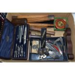 A BOX CONTAINING CARPENTRY AND ENGINEERING TOOLS including a vintage steel footed rebate plane