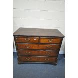 A GEORGIAN OAK AND CROSSBANDED CHEST OF TWO SHORT OVER THREE LONG GRADUATED DRAWERS, with brass swan