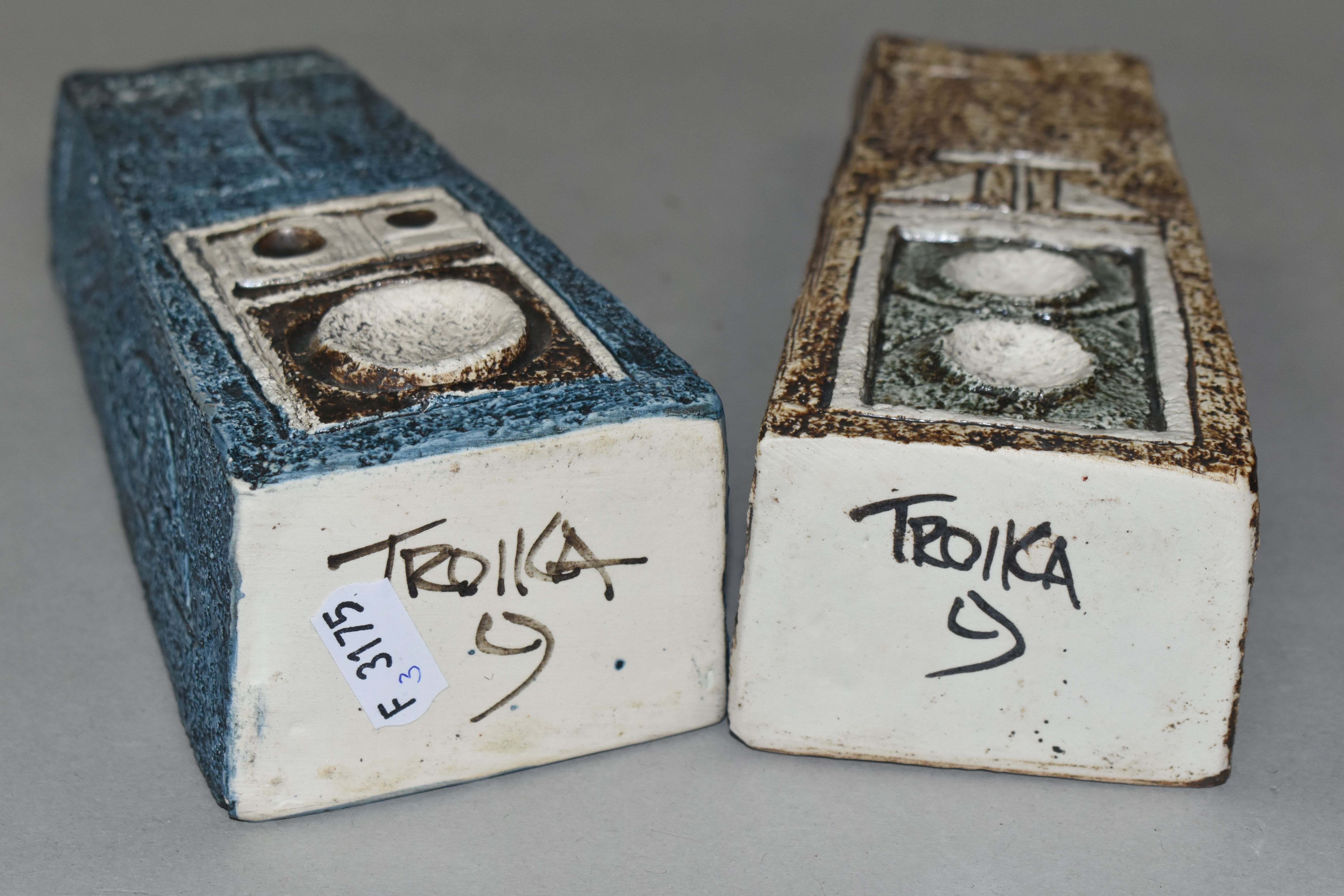 TWO TROIKA POTTERY COFFIN VASES, in shades of blue, grey and brown, with impressed and incised - Image 7 of 7