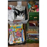 FOUR BOXES AND LOOSE TOYS, BOOKS AND SUNDRY ITEMS, to include a quantity of assorted vintage