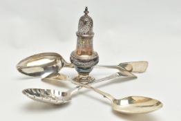 A GEORGE III SILVER SUGAR CASTER OF BALUSTER FORM, knopped finial, engraved pull off cover, raised