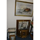 A SMALL QUANTITY OF 19TH/20TH CENTURY PAINTINGS AND PRINTS ETC, comprising a winter landscape signed