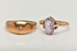 TWO GEM SET RINGS, the first a polished dome with a star set single cut diamond, hallmarked 9ct