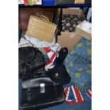 TWO BOXES AND LOOSE WALKING STICKS, VINTAGE CLOTHES, ACCESSORIES AND LINENS, to include a tall