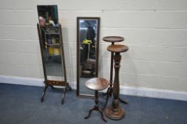 TWO HARDWOOD TORCHERE STANDS, a mahogany wine table, an oak cheval mirror, and a rectangular
