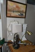 A GROUP OF TABLE LAMPS, PICTURES AND SEWING MACHINE, to include a Roman style composite pedestal,