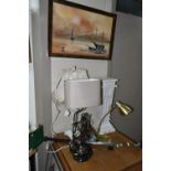 A GROUP OF TABLE LAMPS, PICTURES AND SEWING MACHINE, to include a Roman style composite pedestal,