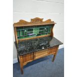 A EDWARDIAN SATINWOOD AND MARBILIZED SLATE WASHSTAND, with a green tiled back, width 107cm x 47cm