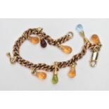 A YELLOW METAL GEM SET BRACELET, a rose metal curb link bracelet, fitted with eight semi-precious