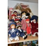 A GROUP OF COLLECTORS DOLLS, fourteen male and female dolls, including pairs of dolls, a bride and