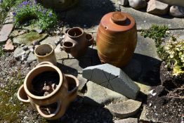 TWO RHUBARB FORCERS, a ceramic barrel, a stoneware jar and a decorative granite plaque (5)( this lot