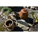 TWO RHUBARB FORCERS, a ceramic barrel, a stoneware jar and a decorative granite plaque (5)( this lot