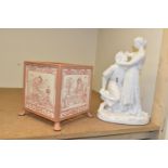 A PILKINGTONS TILE PLANTER, together with an alabaster sculpture of 'Paul and Virginie', height 38cm