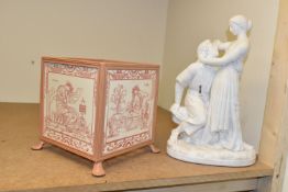 A PILKINGTONS TILE PLANTER, together with an alabaster sculpture of 'Paul and Virginie', height 38cm