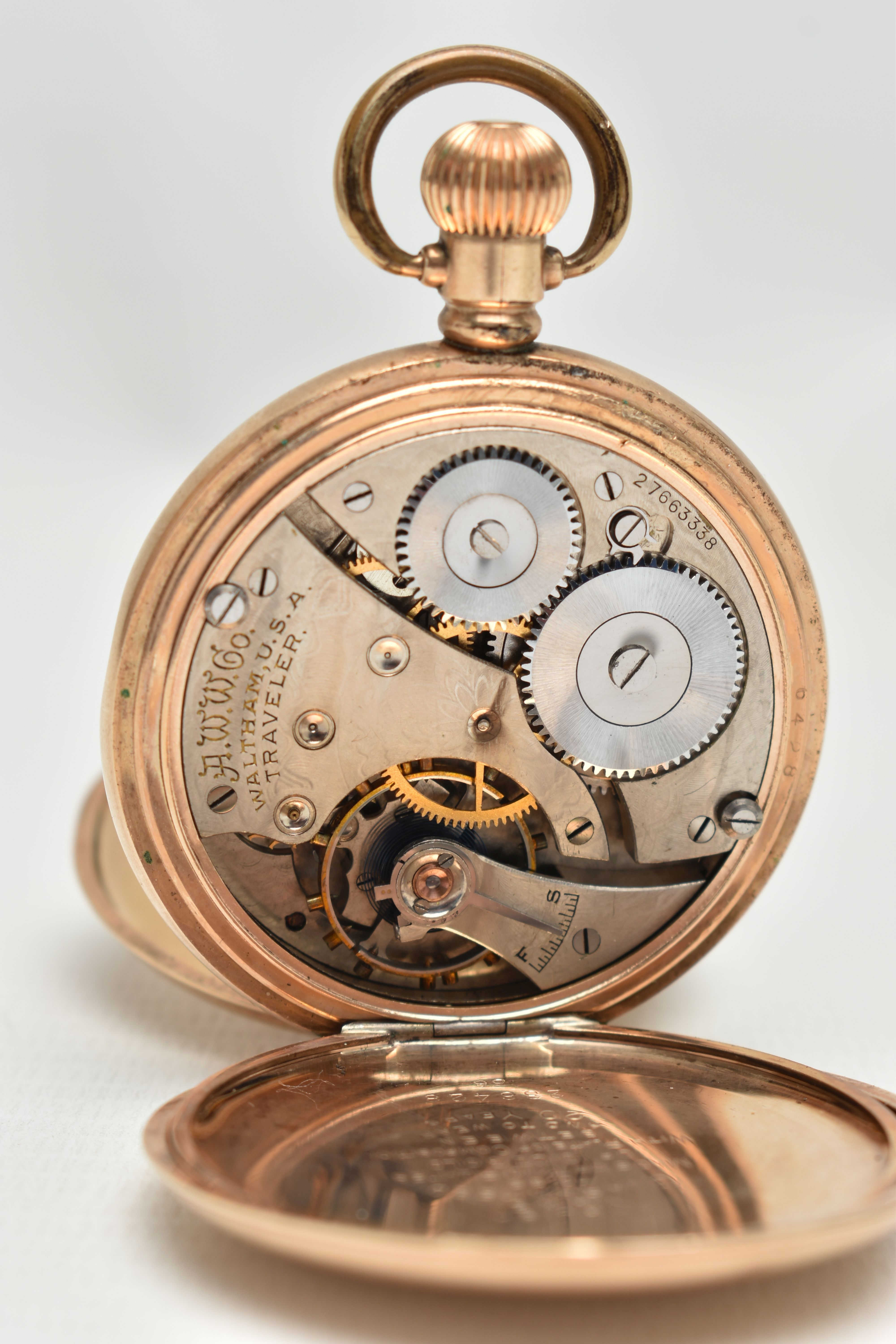 A ROLLED GOLD FULL HUNTER POCKET WATCH, manual wind, round white dial signed 'Waltham U.S.A', Arabic - Image 7 of 7