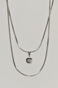 A DIAMOND PENDANT NECKLACE, the polished white metal pendant collet set with a round brilliant cut