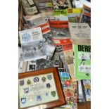TWO BOXES OF DERBY COUNTY PROGRAMMES AND MEMORABILIA, assorted home and away programmes from the