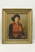 ATTRIBUTED TO PETER MIDGLEY (1921-1991) 'THE ORANGE BLOUSE', a seated portrait of a female figure