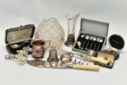 A PARCEL OF ASSORTED SILVER, SILVER PLATE, ASSORTED CUFFLINKS, ETC, including a small silver table