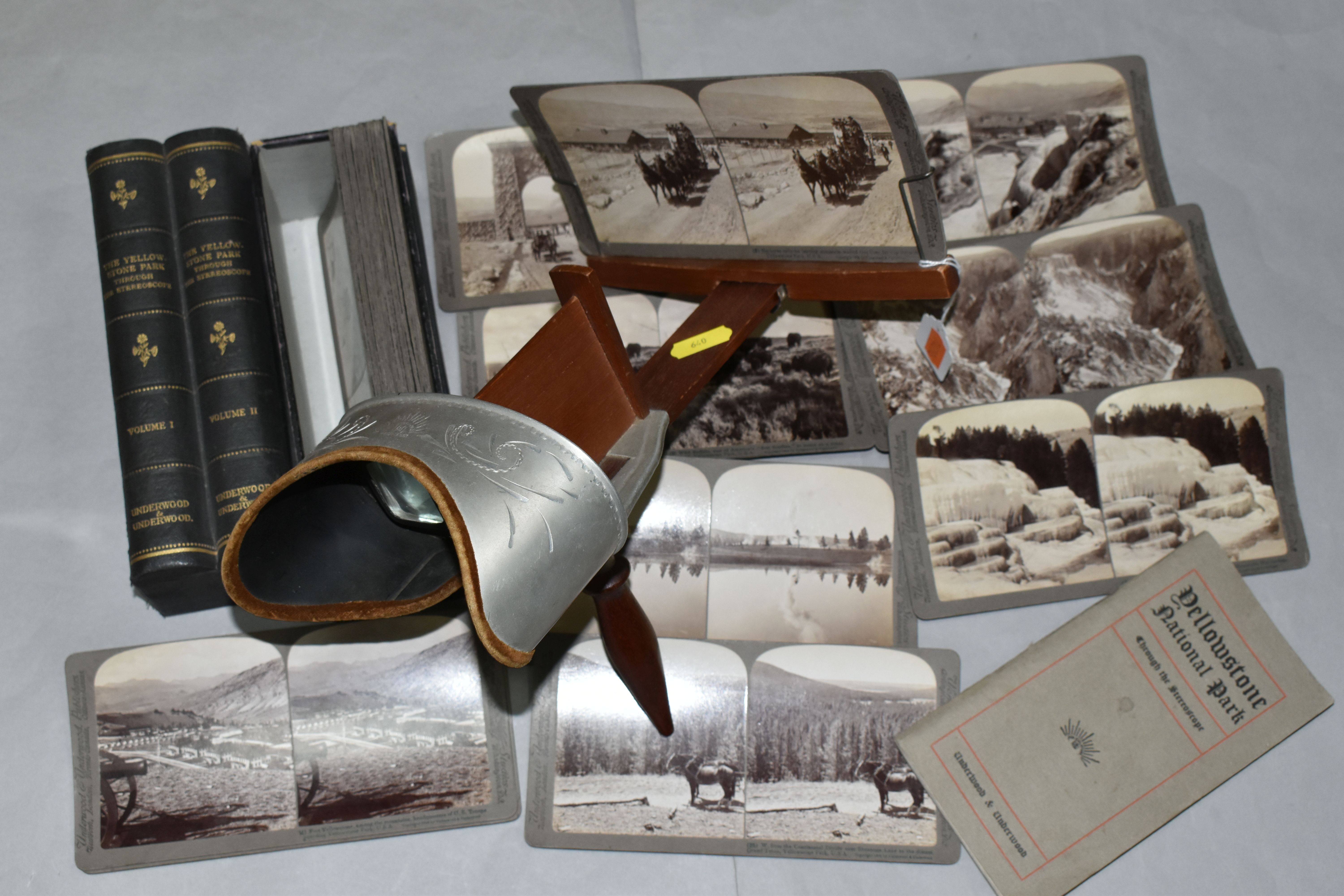 A CASED SET OF UNDERWOOD AND UNDERWOOD 'THE YELLOWSTONE PARK THROUGH THE STEREOSCOPE' STEREOCARDS,