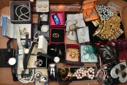 A BOX OF ASSORTED COSTUME JEWELLERY, to include fashion wristwatches, pendant necklaces, chains,
