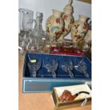 A COLLECTION OF GLASS AND SUNDRY ITEMS, to include a 1970s Bass Charrington square grey glass bottle