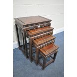 A 20TH CENTURY CHINESE HARDWOOD NEST OF FOUR TABLES, width 51cm x depth 36cm x height 67cm (