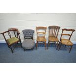 A SELECTION OF CHAIRS, to include a Edwardian walnut corner chair, an Edwardian circular nursing