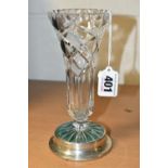 A CUT CRYSTAL TRUMPET VASE, on a circular silver covered base, hallmarked Broadway & Co.