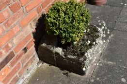 A VINTAGE SANDSTONE PUMP TROUGH width 54cm depth 57cm height 30cm at highest point with soil and