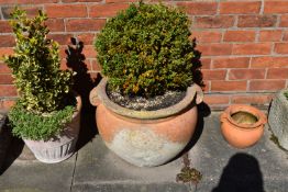 FIVE TERRACOTTA COLOURED PLANT POTS including a pair of large urns 60cm wide, a pair of similar