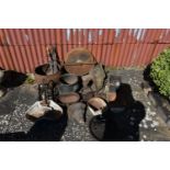A QUANTITY OF VINTAGE METALWARE including an iron based sharpening stone, a Victorian boot