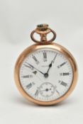 A GOLD PLATED 'WALTHAM' OPEN FACE POCKET WATCH, manual wind, round white ceramic dial (cracked and